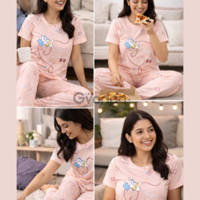 Women Night Suit Set Soft Cotton Printed Nightwear for Women Comfortable Half Sleeve Top & Pajama Set
