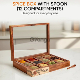 Handcrafted Wooden Spice Box with 12 Slots & Spoon