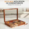 Handcrafted Wooden Spice Box with 12 Slots & Spoon